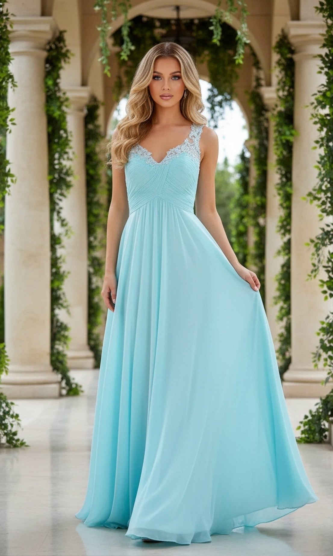 A woman wears the Sheer-Back Long A-Line Prom Dress: La Femme 21130, a light blue gown with lace details, as she stands in a columned hallway adorned with green vines.